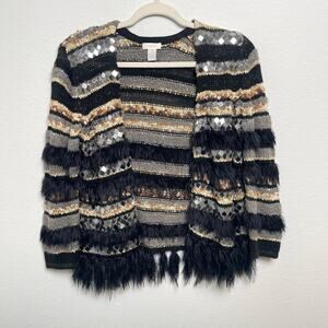 Chico’s Embellished Fringe Cardigan Sweater Size 1 Medium Wool Blend Open Front